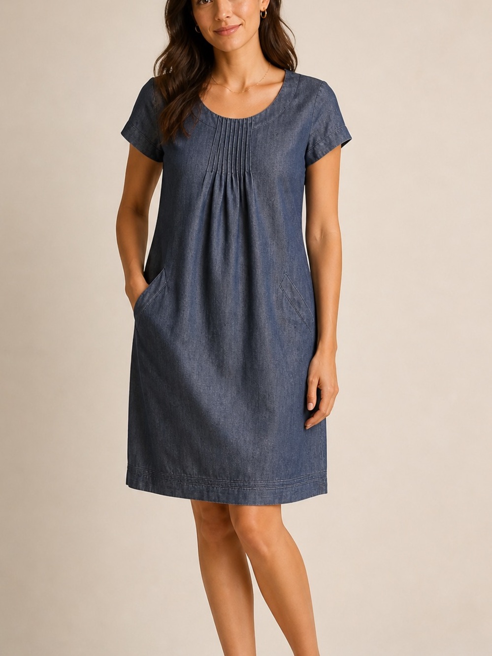 Boden Denim Shift Dress Blue Pleated Front Short Sleeve Pockets Casual Preppy 4L